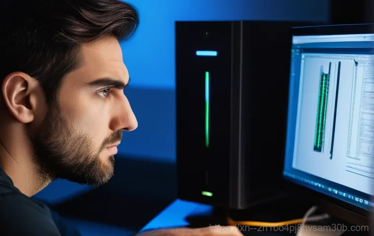 광명동 STATUS_KERNEL_NETWORK_ERROR - A person in their late 20s, dressed in casual home attire, sits at a desk in a dimly lit home office...