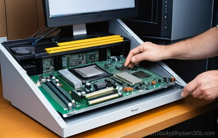 토당동 HARDWARE_MEMORY_FAILURE - A deeply frustrated person, fully clothed in smart casual attire, sits at a modern desk, staring in ...