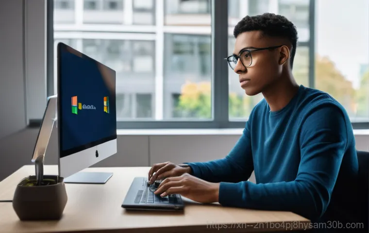 수유동 윈도우10 windows10 재설치 포맷  초기화 - **Prompt 1:** A young adult person, looking visibly frustrated and stressed, sits at a cluttered des...