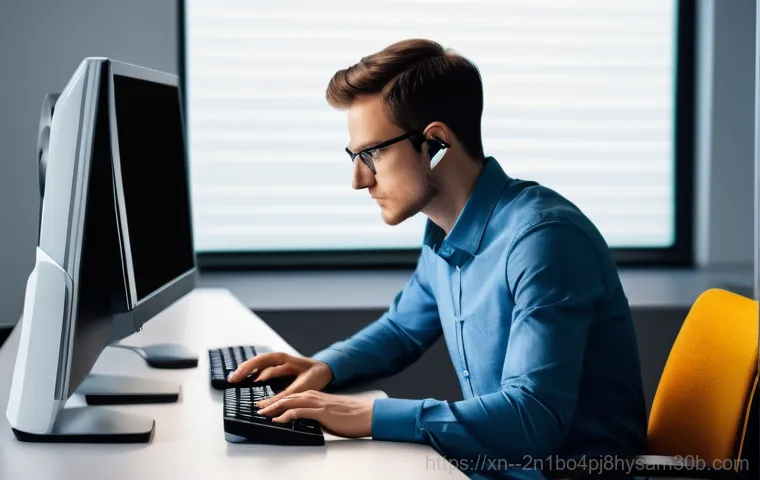 원지동 NTLDR is compressed - A dimly lit home office. An adult person, appearing stressed and confused, sits in front of a deskto...
