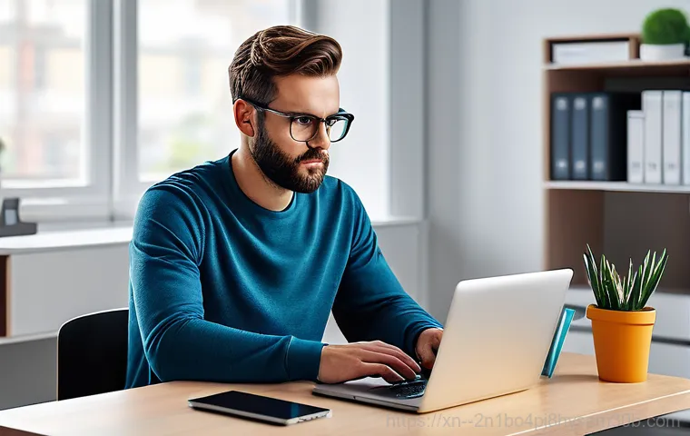 원지동 NTLDR is compressed - A focused adult individual, wearing a casual shirt and trousers, intently working at a computer desk...