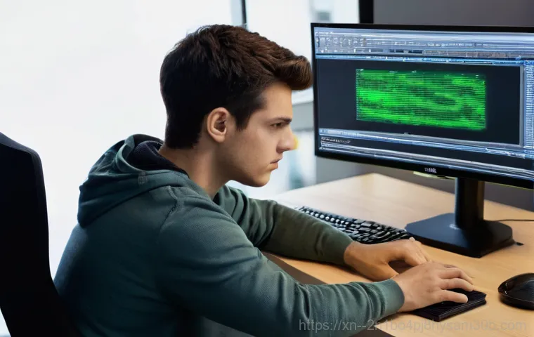 양천구 THREAD_STUCK_IN_DEVICE_DRIVER - A young adult, looking frustrated and stressed, sits in front of a computer desk. The computer monit...