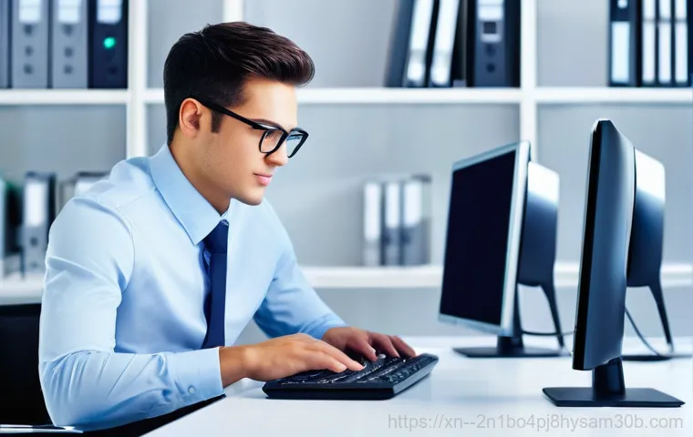 신내동 STATUS_FILE_READ_FAILURE - **Prompt:** A diligent computer user, wearing casual but neat clothing, is carefully examining an ex...
