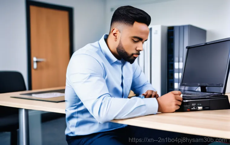 직동 NAS출장방문수리점 - **Prompt 1: The Panic of a Dead NAS**
    A person, appearing distraught and frustrated, is kneeling...