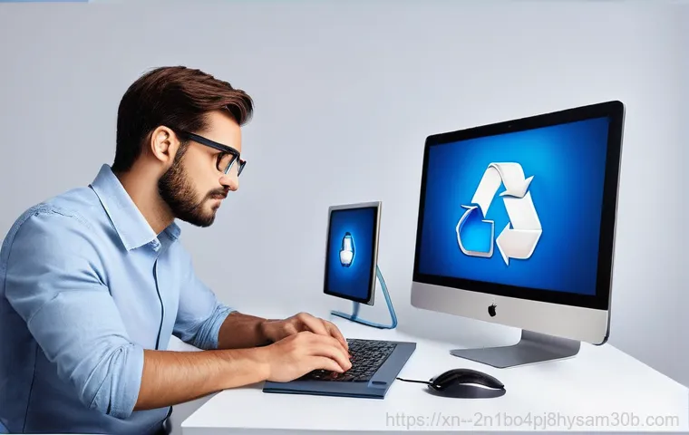 흑석동 해킨토시 재설치 포맷  초기화 - A clean, modern computer workstation with a desktop computer or laptop at the center, displaying a p... 흑석동 해킨토시 재설치 포맷  초기화 - A clean, modern computer workstation with a desktop computer or laptop at the center, displaying a p...