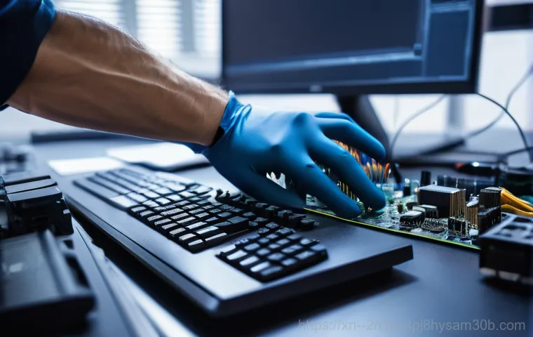 문원동 컴퓨터 desktop 출장방문수리점 - A professional male computer technician, dressed in a clean, branded uniform, is carefully working o... 문원동 컴퓨터 desktop 출장방문수리점 - A professional male computer technician, dressed in a clean, branded uniform, is carefully working o...