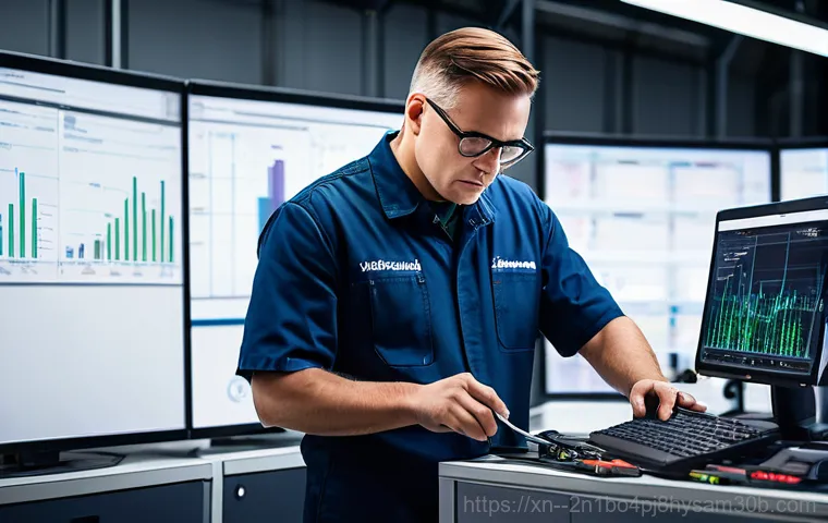 평동 NAS출장방문수리점 - A professional-looking person, appearing stressed and anxious, sits in front of a dark, non-responsi... 평동 NAS출장방문수리점 - A professional-looking person, appearing stressed and anxious, sits in front of a dark, non-responsi...