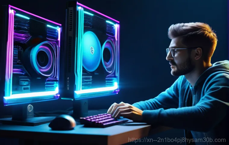 옥수동 메모리조립 및 교체수리 - A frustrated person, looking stressed, sitting in front of a computer monitor displaying a prominent...