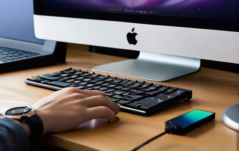 관훈동 해킨토시 재설치 포맷  초기화 - A young adult, wearing casual but neat clothes, sits at a modern desk, looking intently at a compute...