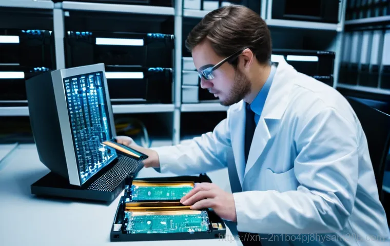 청구동 파일서버출장방문수리점 - A professional IT technician, a man or a woman, wearing a practical but neat uniform, intensely work...