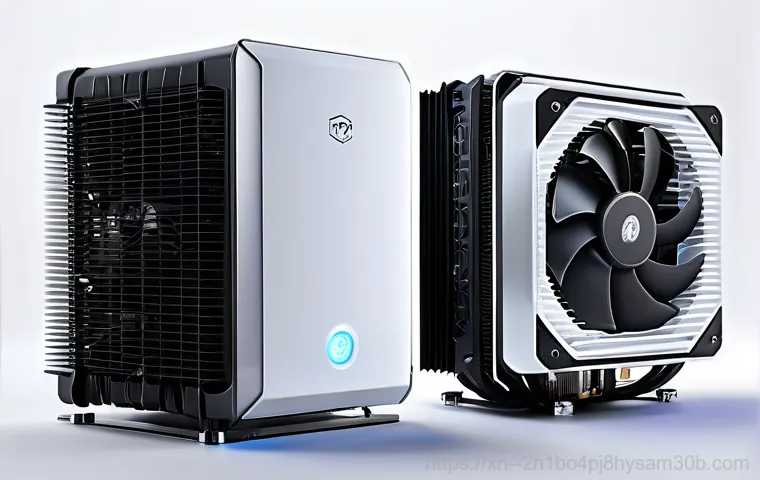 창성동 쿨러조립 및 교체수리 - A close-up shot of a desktop PC tower with subtle red light emanating from its interior vents, sugge...