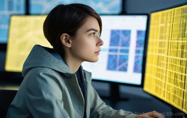 궁정동 STATUS_FILE_LOCK_CONFLICT - A high-tech, futuristic server room bathed in cool blue and green light. In the center, two glowing,...