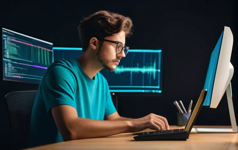 청량리동 STATUS_FILE_WRITE_FAILURE - A young professional, appearing stressed and frustrated, stares intently at a laptop screen in a mod...