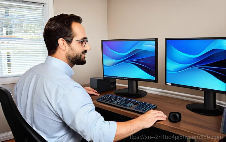 송천동 중고컴퓨터 pc 출장판매설치 - A professional technician, wearing a clean work uniform with a company logo, carefully inspects a de...