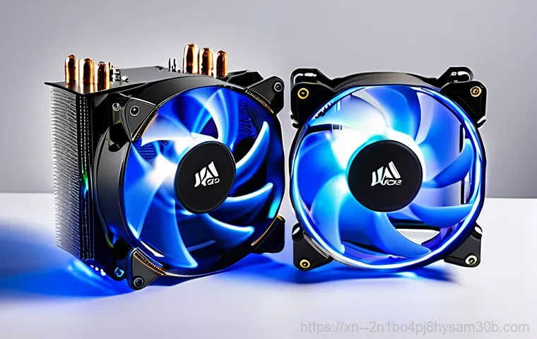 만리동 쿨러조립 및 교체수리 - A high-performance gaming PC tower, glowing with intense red and orange light emanating from within,...