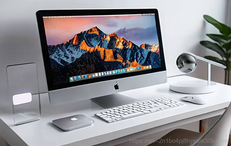 소공동 맥미니 판매 및 수리 - A minimalist, modern workspace featuring a sleek Apple Mac Mini (M-series, e.g., M4 chip model) as t...