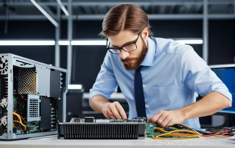 설문동 RAM조립 및 교체수리 - A young adult, gender-neutral, with a look of mild frustration or concentration, sitting at a desk i...