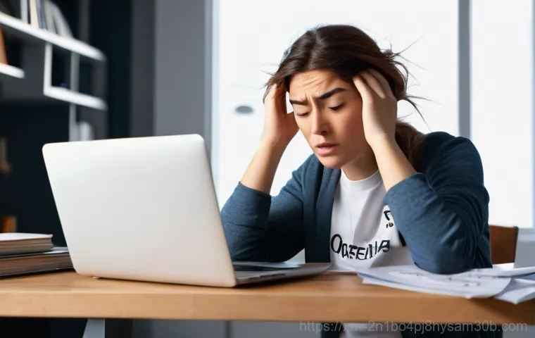 구로구 centos재설치 포맷  초기화 - A young adult, looking visibly frustrated and stressed, sits in front of a desktop computer or lapto...