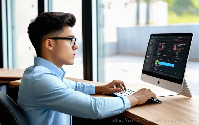 평동 pc에 문제가 발생하여 다시 시작해야 합니다 - A young adult, looking visibly frustrated and distressed, sits in front of a modern desktop computer...