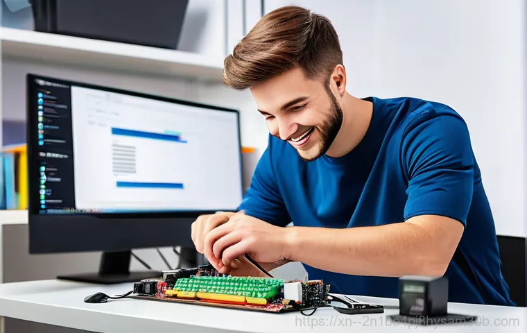 원남동 메모리조립 및 교체수리 - A person, appearing in their late 20s or early 30s, is seated at a cluttered desk in a home office, ... 원남동 메모리조립 및 교체수리 - A person, appearing in their late 20s or early 30s, is seated at a cluttered desk in a home office, ...