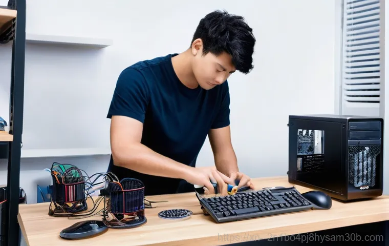 대장동 파워조립 및 교체수리 - **Prompt:** A young adult, male or female, sits at a desk looking visibly frustrated and confused as...