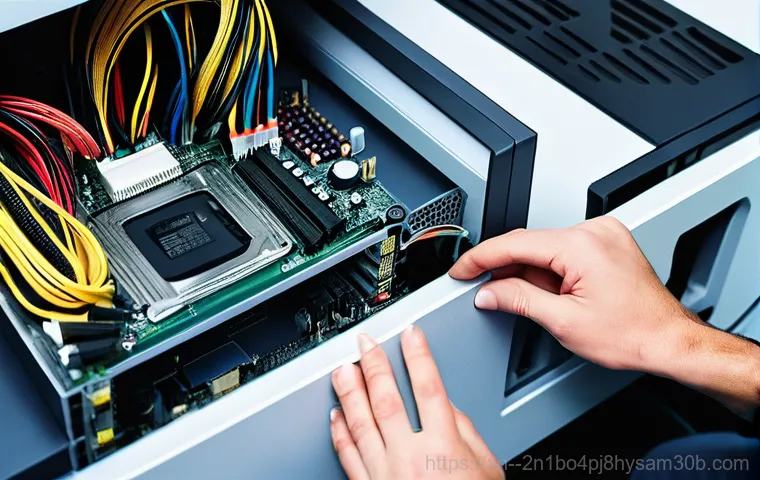 대장동 파워조립 및 교체수리 - **Prompt:** A person, wearing a casual t-shirt, carefully cleans the interior of an open desktop com...