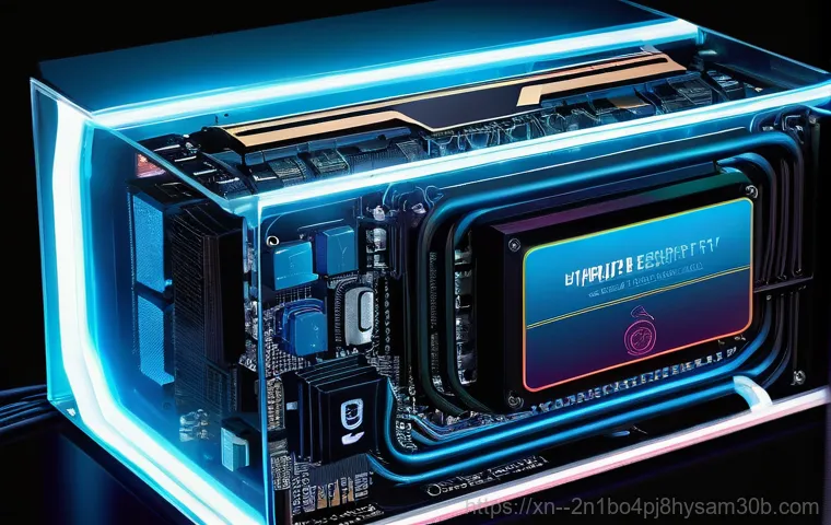 신길동 본체 꺼졌다 켜졌다 할때 - **Prompt 2:** A detailed close-up view inside a desktop computer case, revealing internal components...