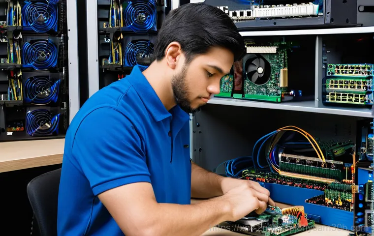 개봉동 RAM조립 및 교체수리 - A young adult, wearing a comfortable t-shirt and jeans, sits at a desk in a dimly lit home office, l...