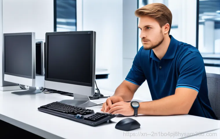 돈의동 악성코드 바이러스 - A young adult, visibly frustrated and stressed, sits in front of a desktop computer in a dimly lit h...