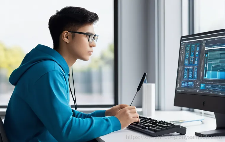 군자동 STATUS_KERNEL_MODULE_FAILURE - **Prompt 2: The Blue Screen of Disruption**
    A wide-shot, cinematic photograph of a person (male ...