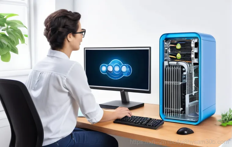 미아리 블루스크린 - A focused individual, wearing a clean, light-colored t-shirt and jeans, is carefully working on an o...