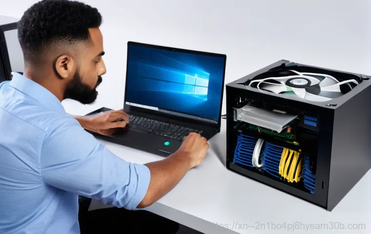 예관동 pc복구중 - A professional data recovery specialist, wearing a clean, smart-casual outfit or a lab coat, meticul...