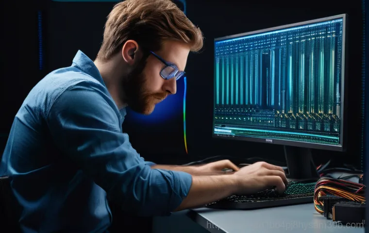 대림동 USER_MODE_HEALTH_MONITOR - A frustrated young adult, wearing a casual t-shirt and jeans, sits in front of a computer monitor di...