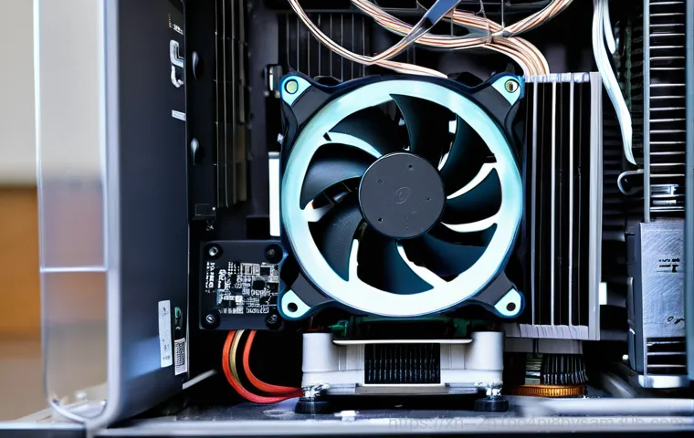 입정동 본체 꺼졌다 켜졌다 할때 - A close-up, eye-level shot of hands carefully working inside an open desktop computer case. One hand...