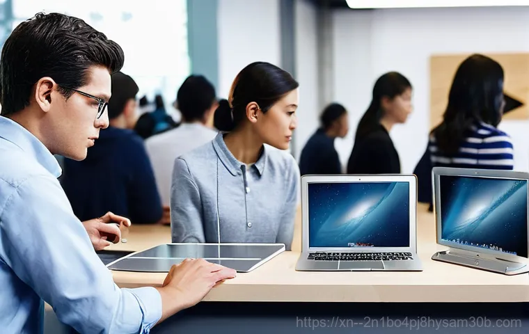 연지동 맥북에어 판매 및 수리 - **Prompt 1: Troubleshooting a Frozen MacBook Air**
    "A young professional, appearing slightly str...