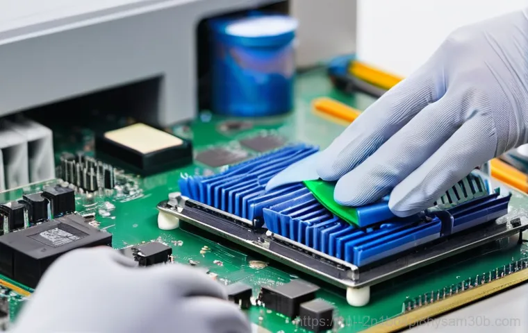 사당동 STATUS_KERNEL_STACK_CORRUPTION - A close-up, dramatic and slightly futuristic shot of a computer motherboard, specifically highlighti...