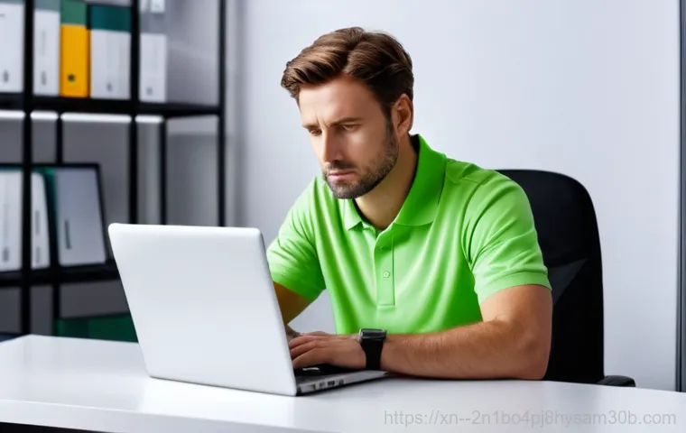 서소문동 pc복구중 - A stressed office worker, male or female in their early 30s, is sitting at a modern desk, staring wi... 서소문동 pc복구중 - A stressed office worker, male or female in their early 30s, is sitting at a modern desk, staring wi...