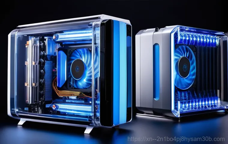 보라매동 쿨러조립 및 교체수리 - A close-up of a desktop computer's side panel removed, revealing an intensely glowing red CPU area a...