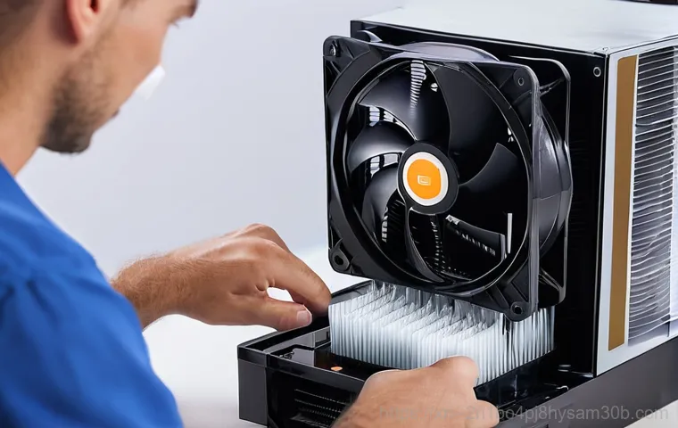 보라매동 쿨러조립 및 교체수리 - A split image showcasing two distinct computer cooling methods side-by-side within futuristic, trans...