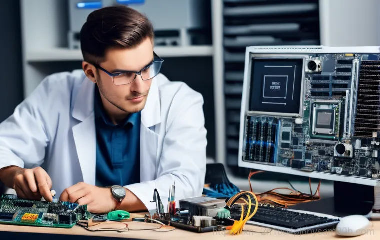 서대문구 메인보드조립 및 교체수리 - A close-up, slightly dramatic shot of a computer's mainboard, highlighting signs of malfunction. Foc...