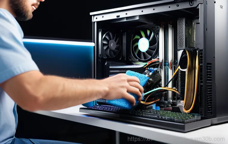 대흥동 하드조립 및 교체수리 - A professional computer technician, wearing a clean, dark blue polo shirt and safety glasses, is met... 대흥동 하드조립 및 교체수리 - A professional computer technician, wearing a clean, dark blue polo shirt and safety glasses, is met...