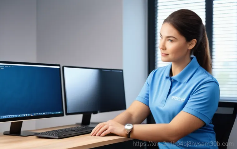 서교동 컴퓨터 desktop 출장방문수리점 - A professional-looking person in their late 20s or early 30s, dressed in business casual attire, sit... 서교동 컴퓨터 desktop 출장방문수리점 - A professional-looking person in their late 20s or early 30s, dressed in business casual attire, sit...