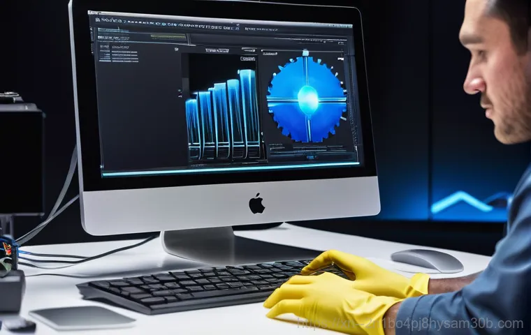 가락동 아이맥 판매 및 수리 - A professional technician, wearing a clean, modern workshop uniform, meticulously examining the inte... 가락동 아이맥 판매 및 수리 - A professional technician, wearing a clean, modern workshop uniform, meticulously examining the inte...