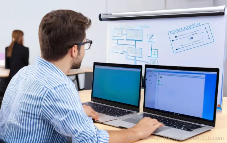 이문동 STATUS_KERNEL_PERMISSION_DENIED - A professional systems administrator in their 30s, standing in a clean, modern data center. The scen...