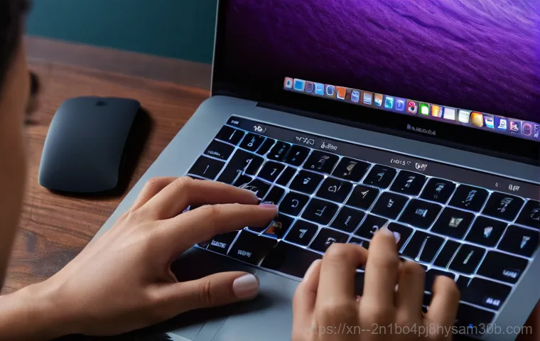 마천동 macosX재설치 포맷 초기화 - A close-up, top-down view of a MacBook keyboard and trackpad, with two hands (a young adult's) gentl... 마천동 macosX재설치 포맷 초기화 - A close-up, top-down view of a MacBook keyboard and trackpad, with two hands (a young adult's) gentl...