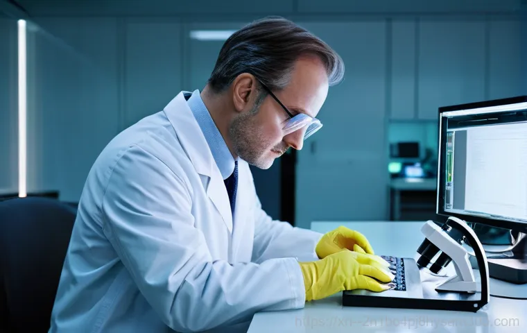 암사동 pc복구중 - A close-up shot of a hand hesitantly hovering over an external hard drive connected to a laptop. The...