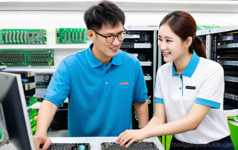 신수동 컴퓨터업그레이드 - A detailed, close-up shot focusing on the hands of a professional computer technician (wearing blue ... 신수동 컴퓨터업그레이드 - A detailed, close-up shot focusing on the hands of a professional computer technician (wearing blue ...