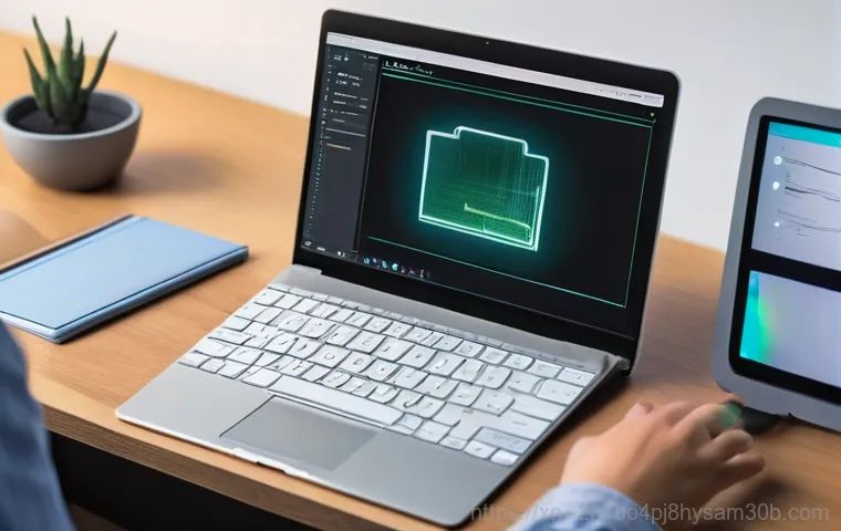 역동 pc복구중 - A young professional, appearing stressed and with a slight sheen of sweat, sits intensely in front o...