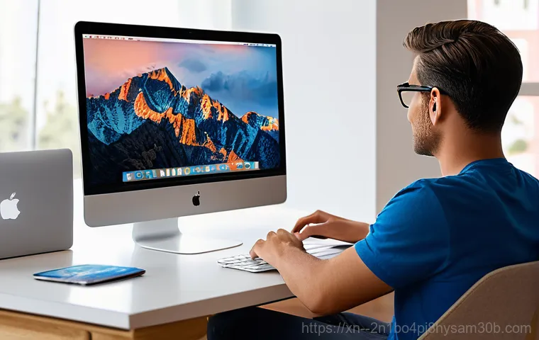 주자동 macosX재설치 포맷  초기화 - A diligent person, mid-30s, is meticulously backing up data from their MacBook. They are seated at a...