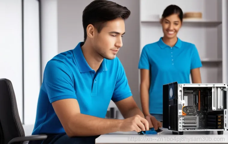 개포동 컴퓨터 desktop 출장방문수리점 - A professional adult, looking frustrated and stressed, sits at a modern desk in a home office settin... 개포동 컴퓨터 desktop 출장방문수리점 - A professional adult, looking frustrated and stressed, sits at a modern desk in a home office settin...